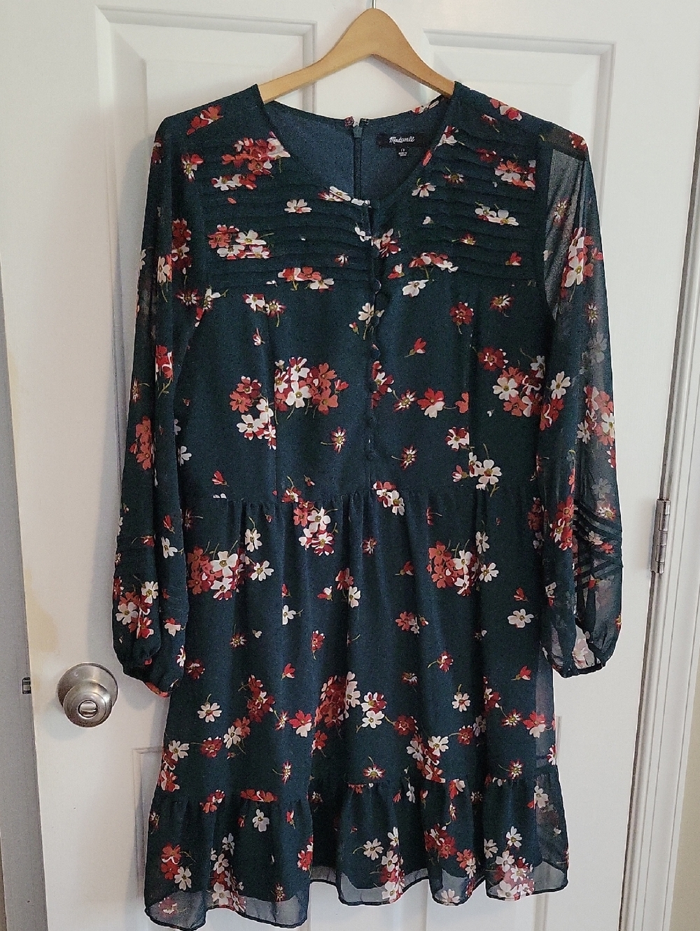 Madewell Forest Green Floral Long Sleeve Ruffle Dress